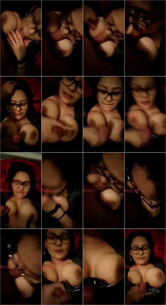 Busty Asian Glasses MILF Sucks Thick Dildo Titty Fuck Hard - Closeup